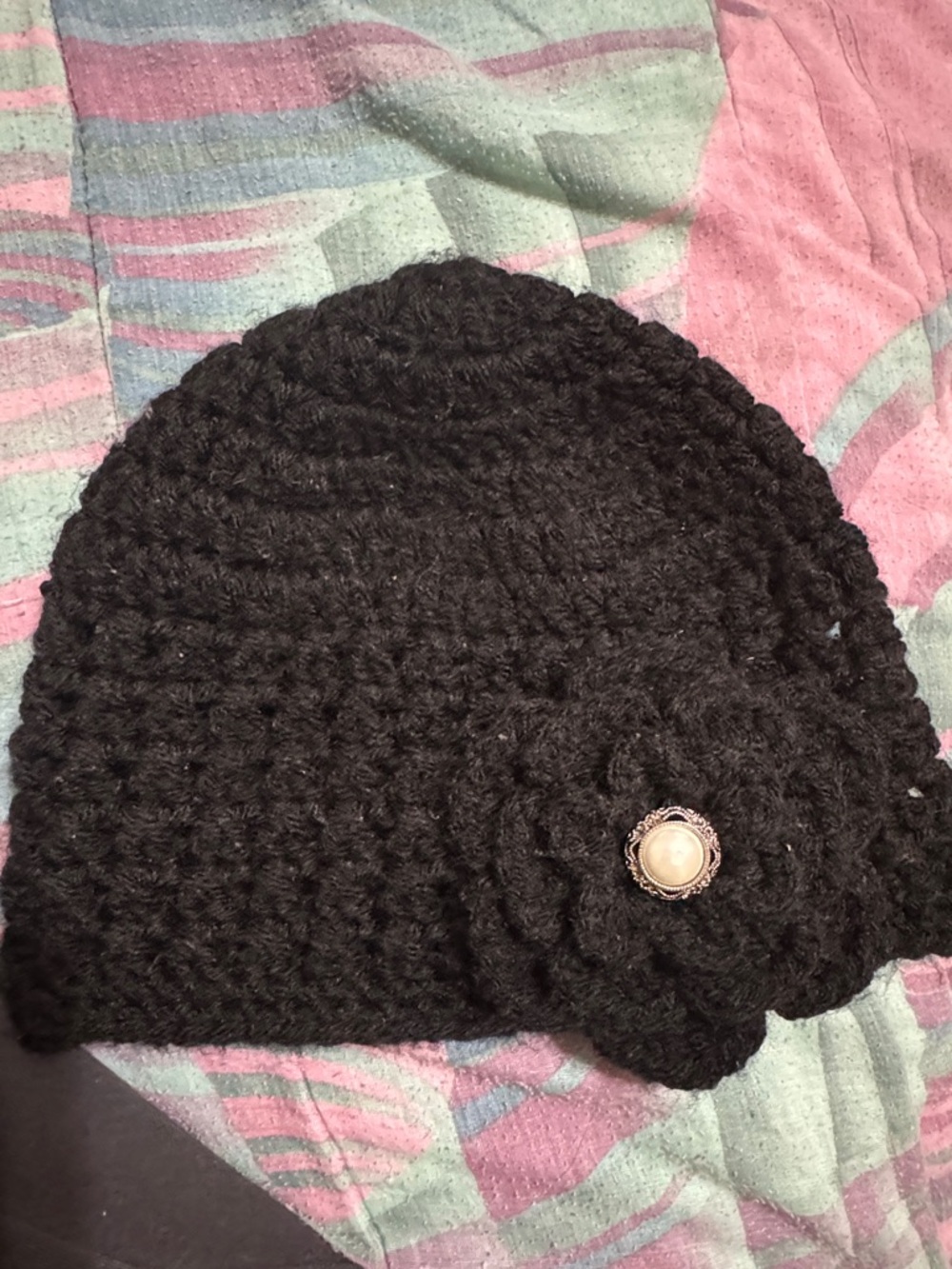 Black Crochet Beanie with Flower Accent